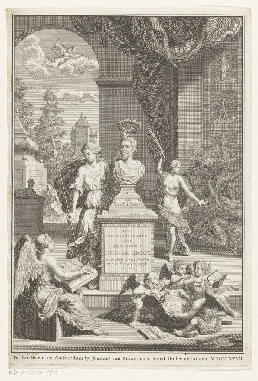 Busto de Hugo de Groot elogiado por Victoria A vida e os negócios do Sr. Huig de Groot (título no objeto) Página de rosto para: Caspar Brandt e Adriaan van Cattenburg, História da vida do Sr. Huig de Groot, 1727 de Jan Caspar Philips