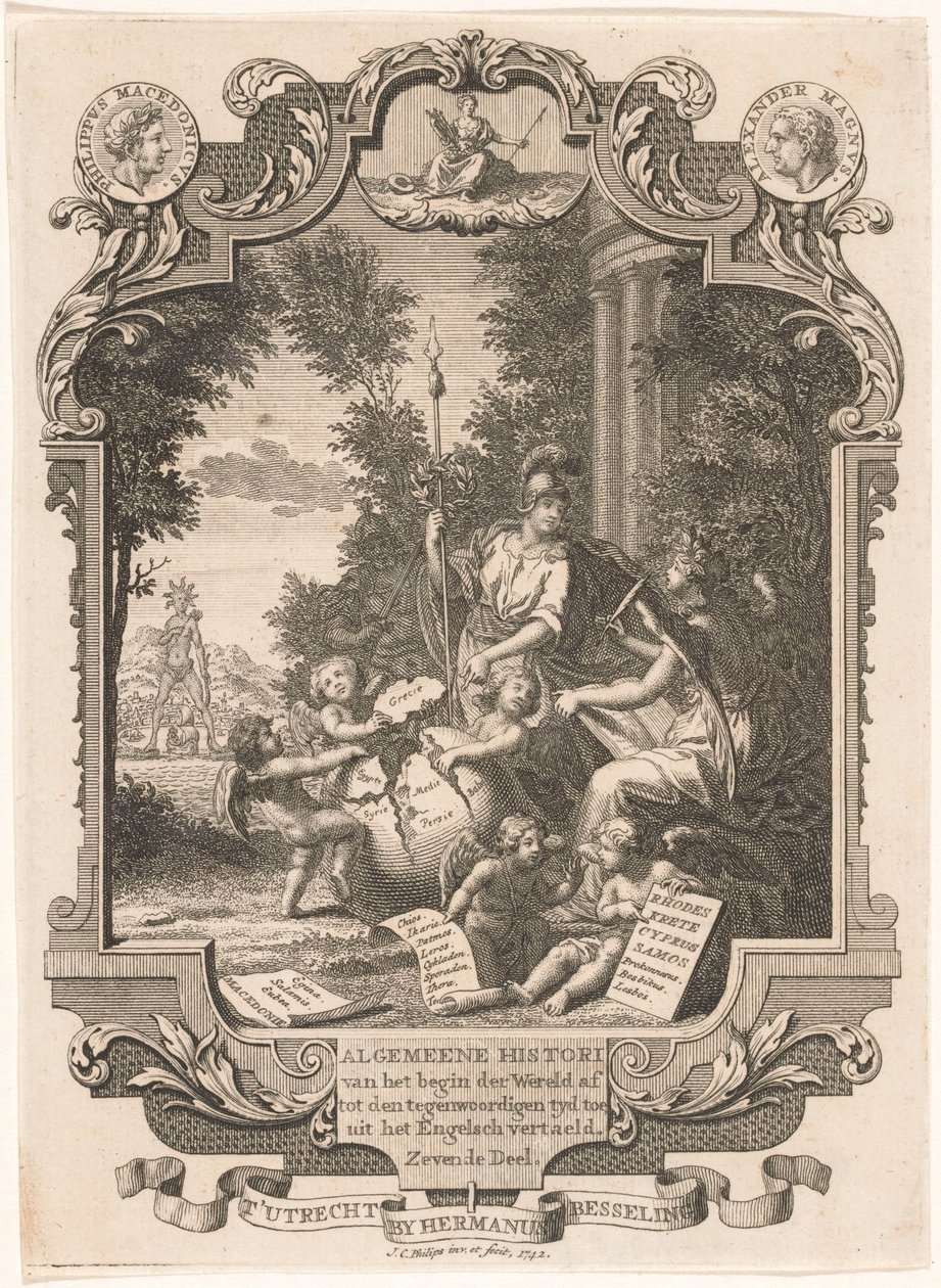 Cartouche com alegoria sobre a história da Grécia
Página de título para: Kornelis Westerbaen, historiador de Algemeene, 1742 de Jan Caspar Philips