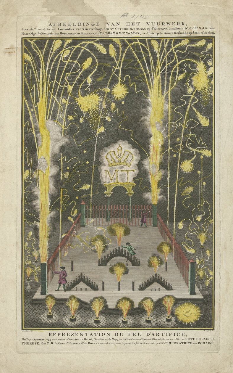 Exposição de fogo de artifício a 15 de Outubro de 1745, dia do nome de Maria Theresa, encomendada por Anthoni de Groot
Ilustração do fogo de artifício, por Anthoni de Groot, Courantier van 