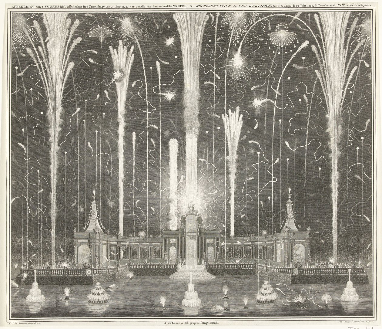 Fogos de artifício em Haia para a paz de Aachen, 1749 Representação dos fogos de artifício, disparados em Haia, 13 de junho de 1749, usados ​​por den Aakensche Vreede / Representation du feu d