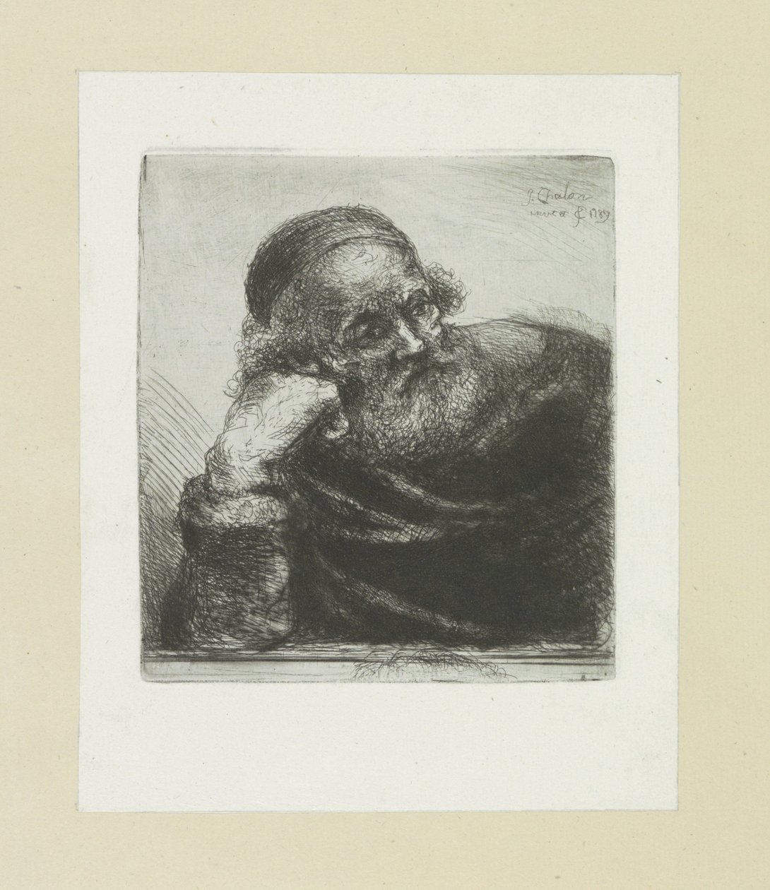 Velho, apoiando-se no seu braço direito
A Obra Completa de Etchings de John Chalon / Oeuvre Complette des Eaux Fortes par Jean Chalon (título da série) de Jan Chalon