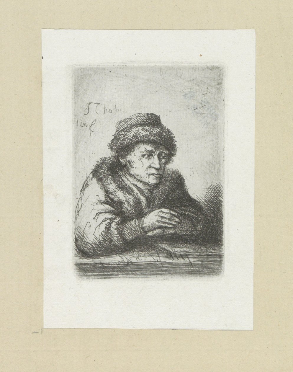 Volwassen man aan een tafel, em bontmantel The Compleat Work of Etchings por John Chalon / Oeuvre Complette des Eaux Fortes par Jean Chalon (título da série) de Jan Chalon