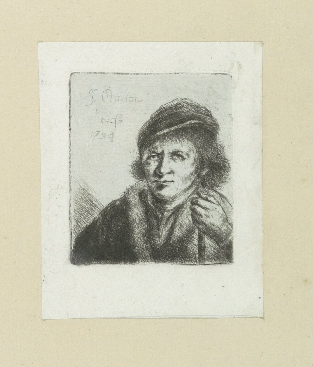 Homem de Volwassen coloca enxada em stok The Compleat Work of Etchings por John Chalon / Oeuvre Complette des Eaux Fortes par Jean Chalon (título da série) de Jan Chalon