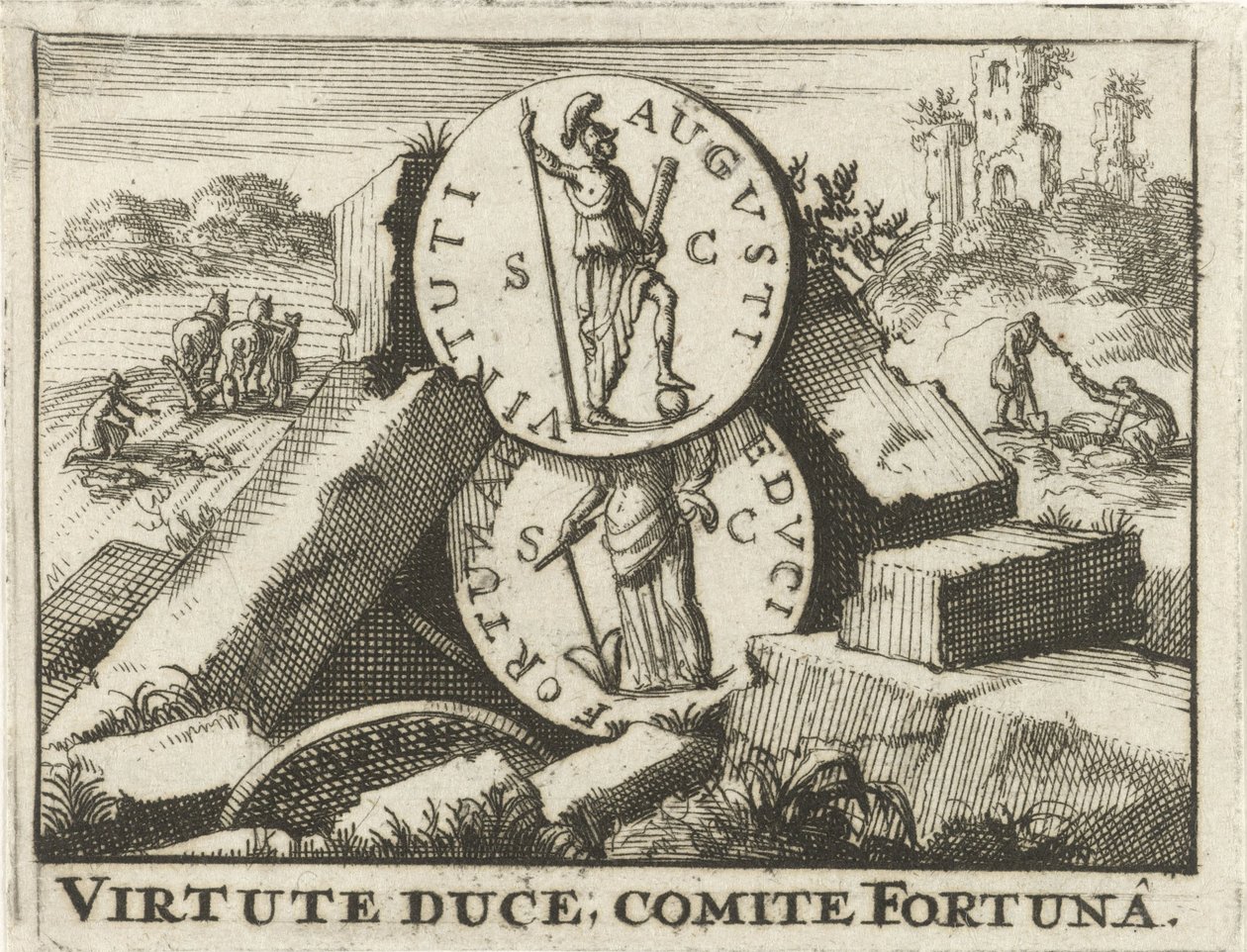 Moedas romanas repousando sobre uma pilha de pedras
Virtute Duce, Comite Fortuna (título sobre o objecto) de Jan Claesz ten Hoorn