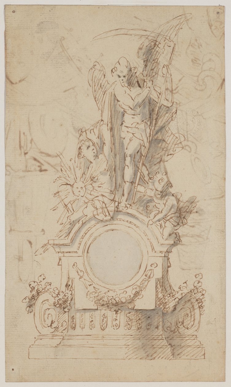 Desenho para um relógio decorativo com Saturno e anjos de Jan Claudius de Cock