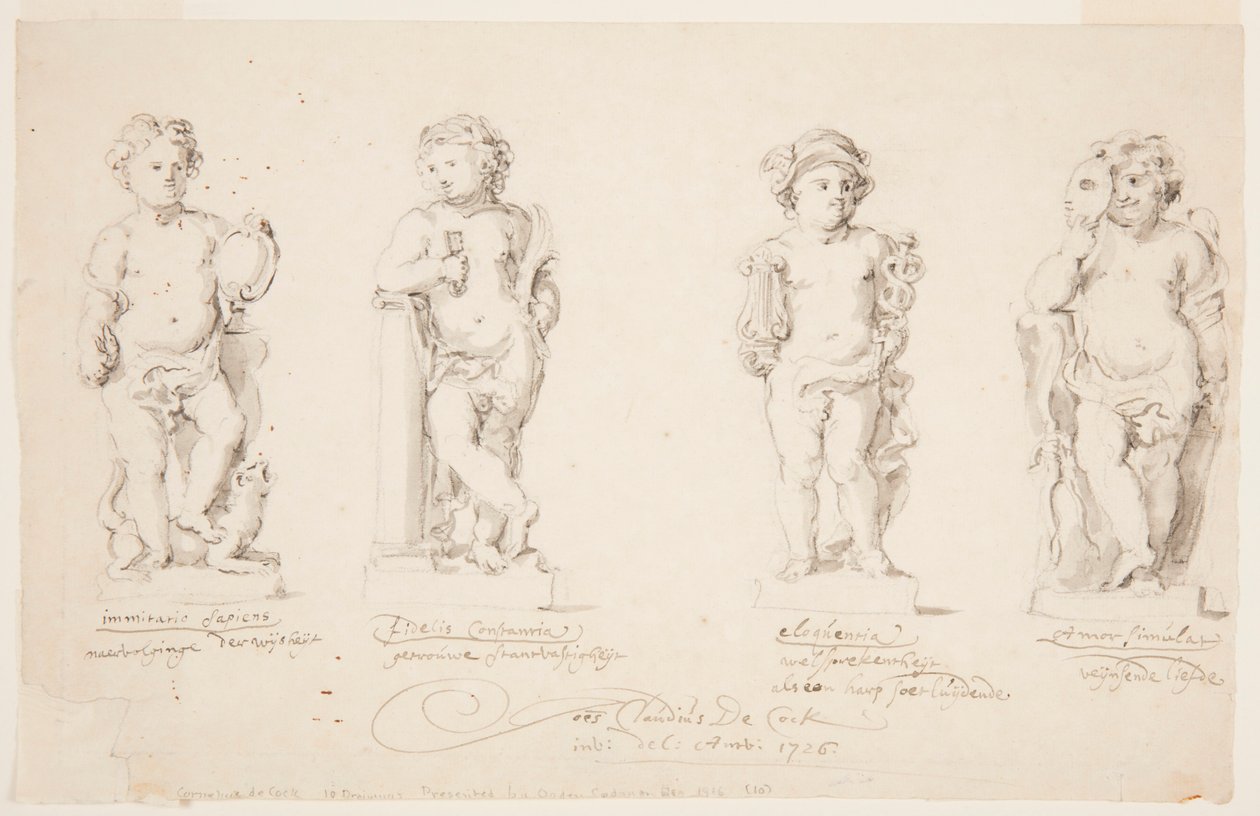 Desenho, projectos para estátuas: "Sabedoria". "Constância". "Eloquência". "Cupido Disfarçado", 1726 de Jan Claudius de Cock