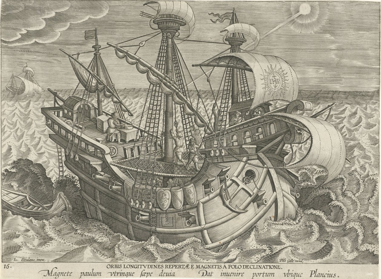 Determinando a longitude usando uma bússola Orbis longitvdines repertae magnetis a polo declinatione (título no objeto) Novas invenções e descobertas (título da série) Nova Reperta (título da série) de Jan Collaert (II) (attributed to)