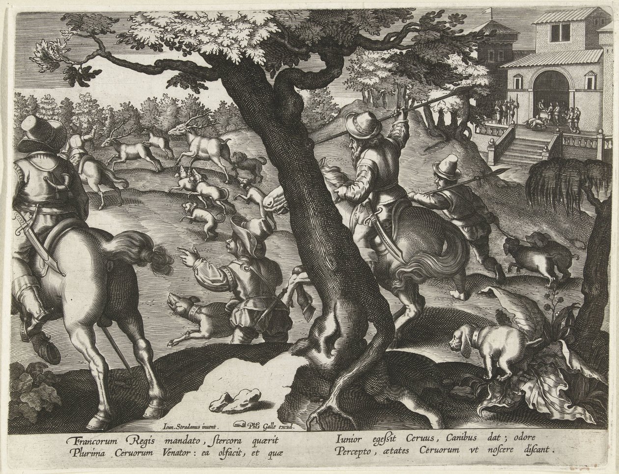 Hertenjacht conheceu honden Jachttaferelen (título da série) A caça de animais selvagens, aves e peixes no Bestiário (título da série) de Jan Collaert (II) (attributed to)