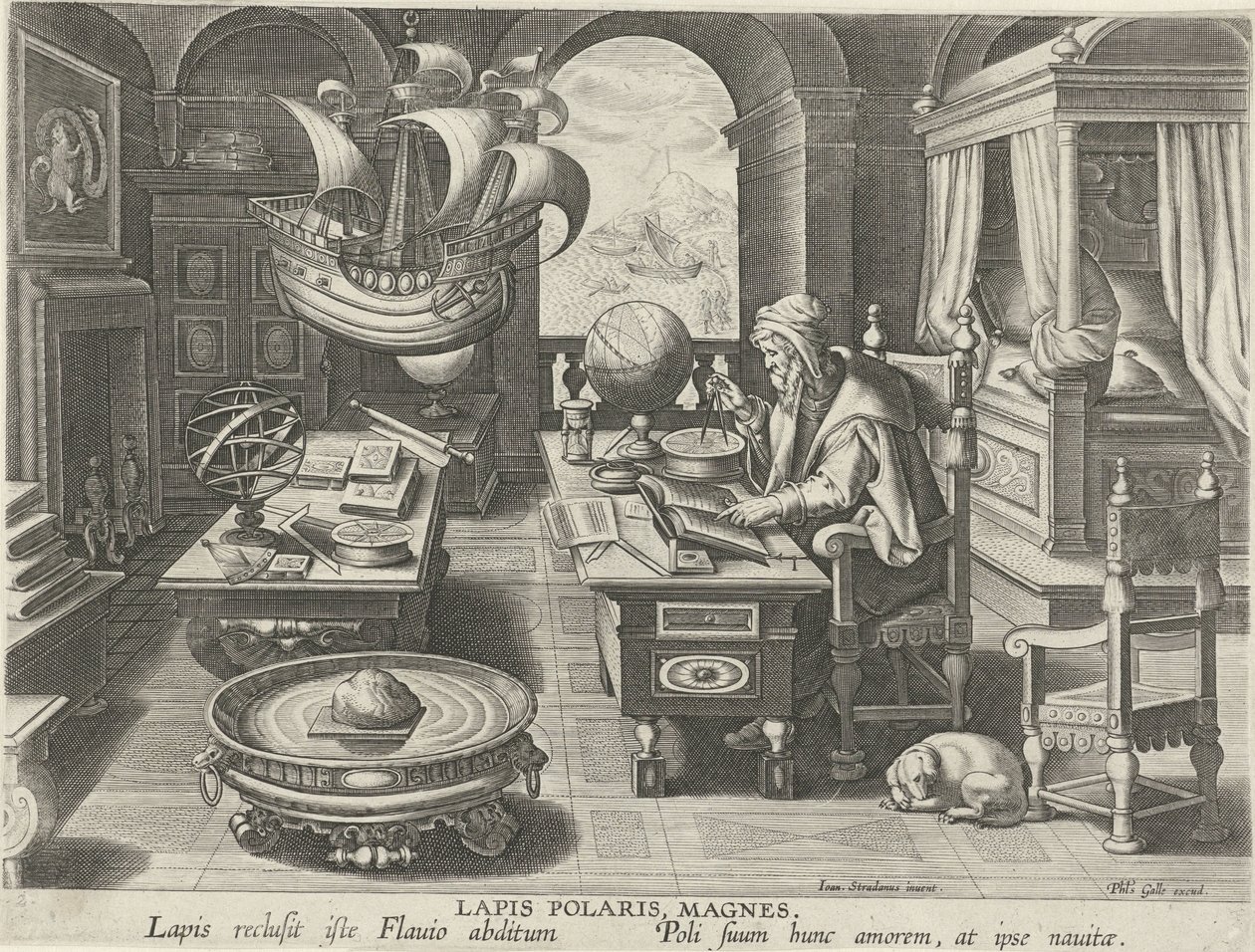 Invenção da bússola Lapis Polaris, Magnes (título no objeto) Novas invenções e descobertas (título da série) Nova Reperta (título da série) de Jan Collaert (II) (attributed to)
