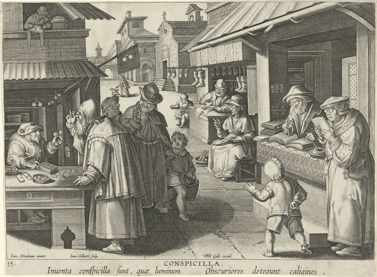 loja de óculos Conspicillia (título no objeto) Novas invenções e descobertas (título da série) Nova Reperta (título da série) de Jan Collaert (II)