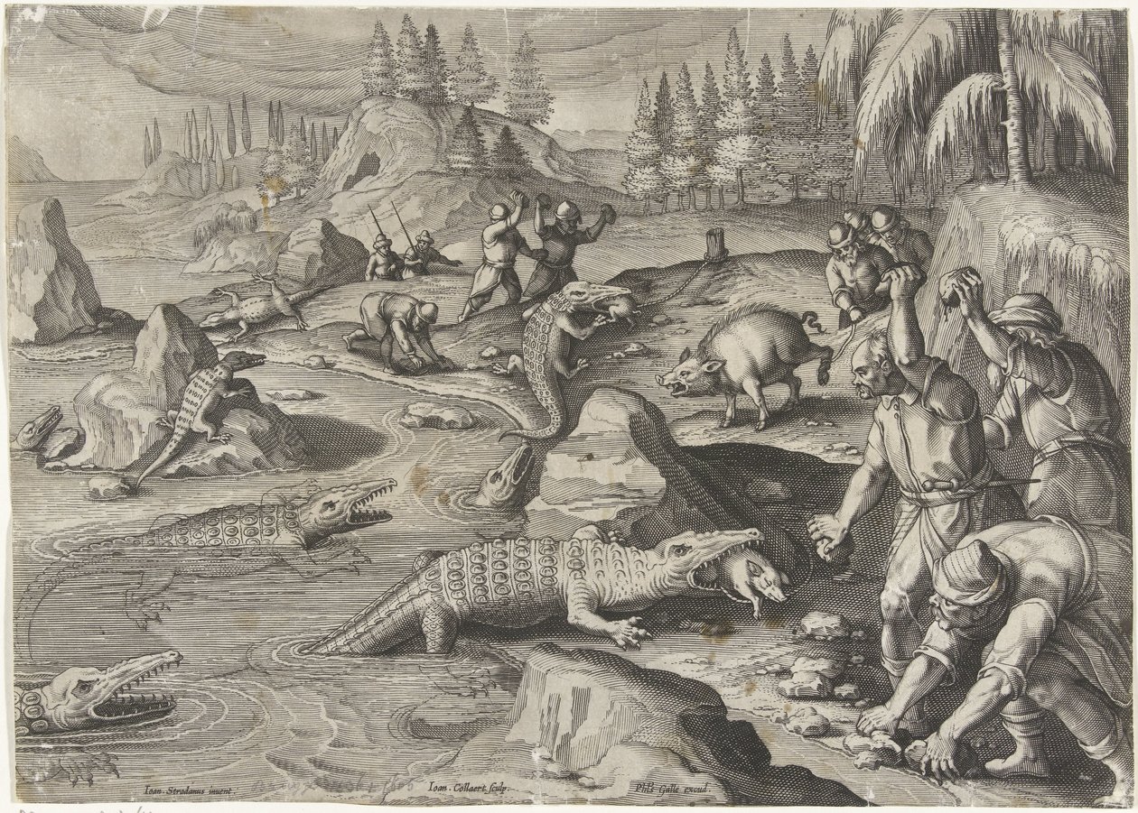 Captura de crocodilos
Cenas de caça (título da série)
Venationes Ferarum, auium, piscium pvgnae Bestiariorum (título da série) de Jan Collaert (II)