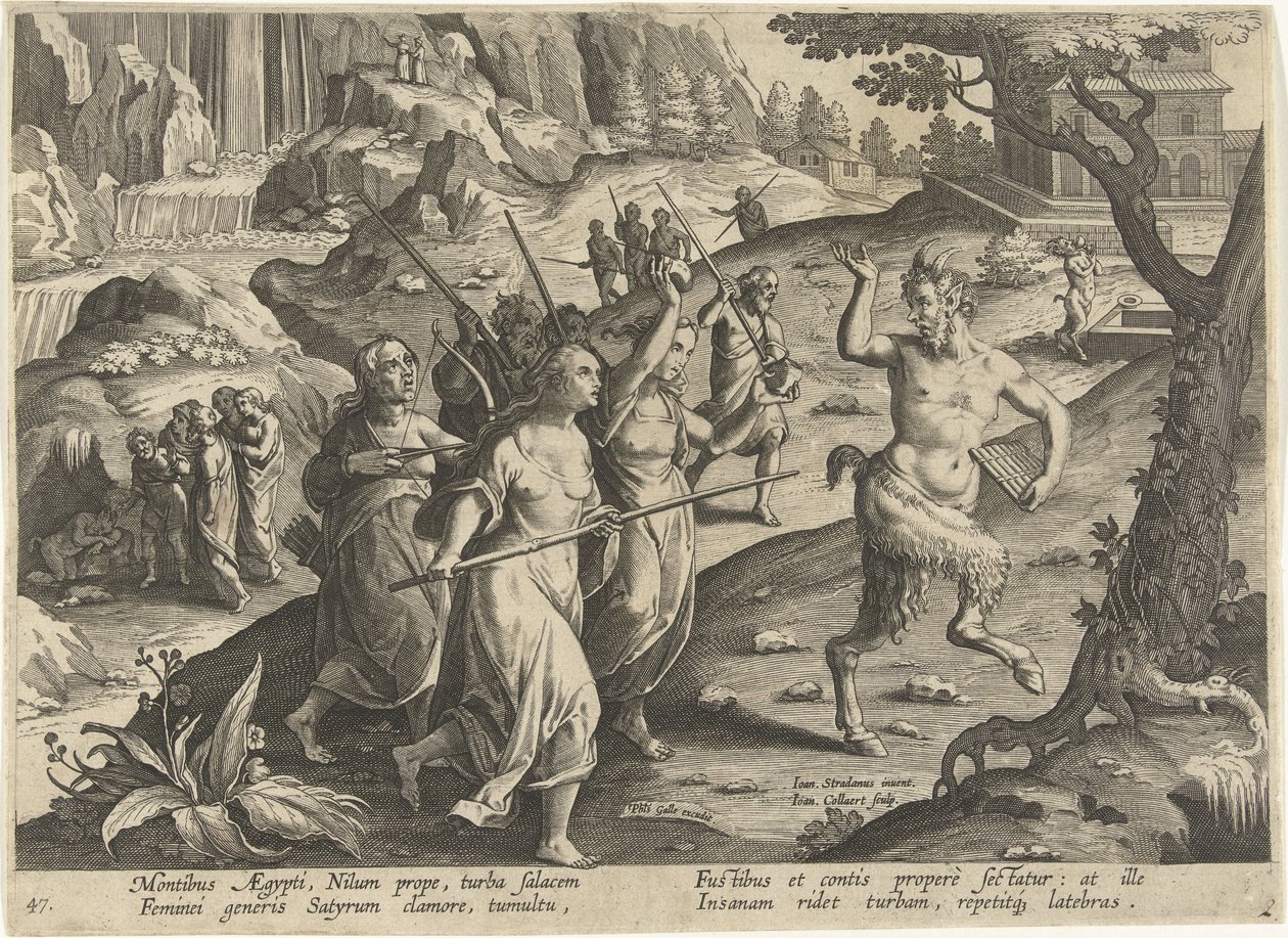 Vrouwen verjagen een sater Jachttaferelen (título da série) A caça de animais selvagens, aves e peixes no Bestiário (título da série) de Jan Collaert (II)