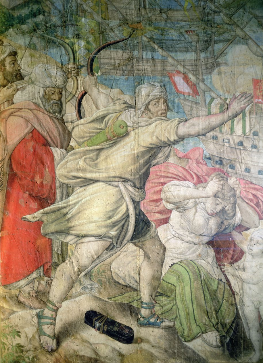 Campanha de Carlos V contra os turcos, detalhe de um arqueiro de A captura de La Goletta, 1535 (carvão e wc no papel) de Jan Cornelisz Vermeyen