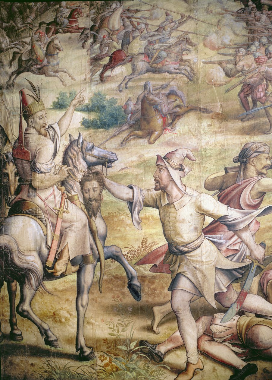 Campanha do imperador Carlos V 1500-58 contra os turcos em Tunis em 1535: a captura de Goletta, detalhe de um soldado de infantaria segurando uma cabeça sem corpo, caricatura de um carvão de tapeçaria e wc em papel de Jan Cornelisz Vermeyen