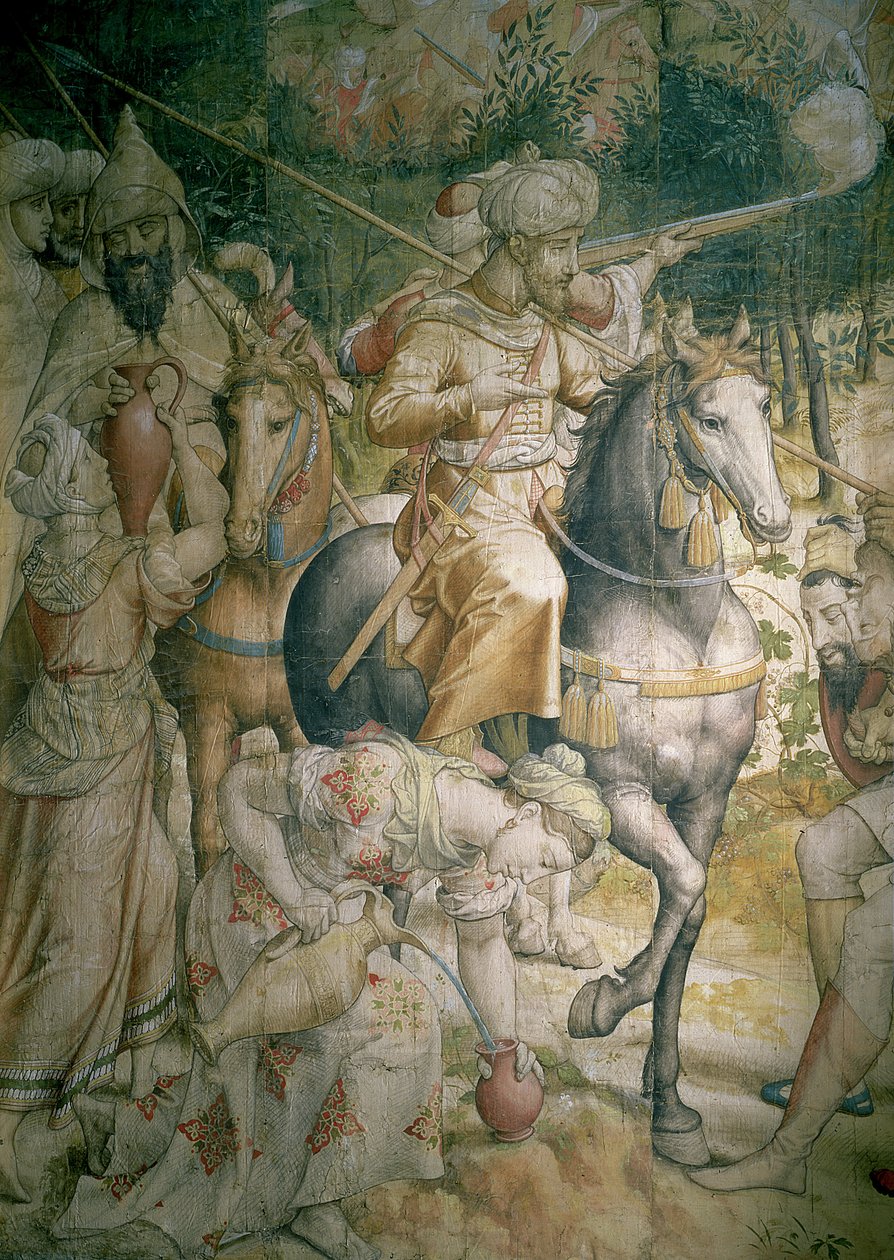 Campanha do imperador Carlos V contra os turcos em Túnis em 1535: a derrota dos turcos na batalha de Goleta, o detalhe dos cavaleiros que saciam a sua sede, o desenho de uma tapeçaria de carvão e o wc de Jan Cornelisz Vermeyen
