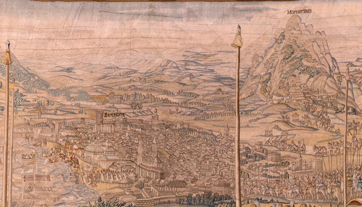 Tapeçaria flamenga. Série A Conquista de Tunis; Revisão das Tropas em Barcelona (La revista de las tropas en Barcelona). Segunda tapeçaria da série. Modelo Jan Vermeyen e Pieter Coecke van Aelst. 1543-1548. Fabrico da Real Fábrica de Tapices de Sant de Jan Cornelisz Vermeyen