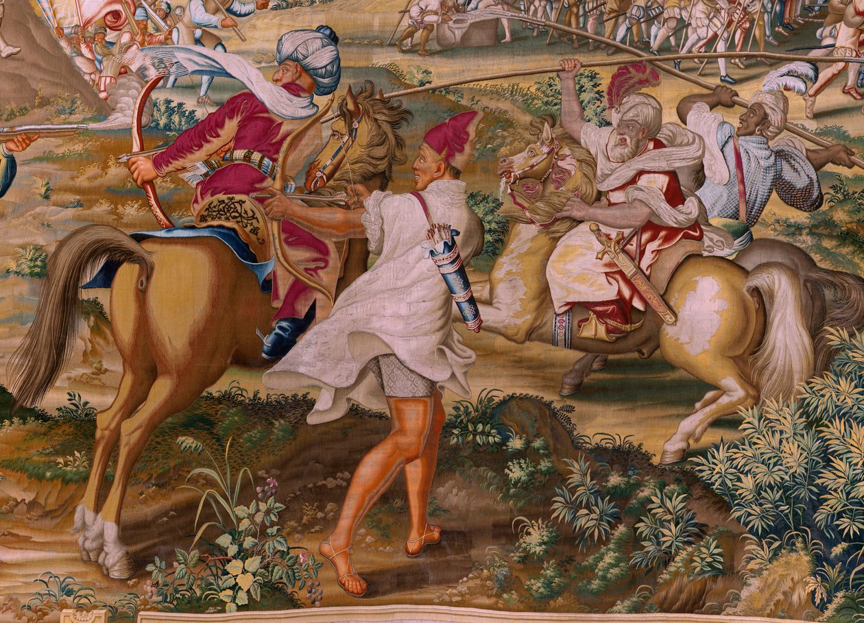 tapeçaria flamenga. Série A Conquista de Tunes. O Ataque a La Goleta (Ataque a la Goleta). Quarta tapeçaria da série. Modelo Jan Vermeyen e Pieter Coecke van Aelst. 1543-1548. Manufatura Real Fábrica de Tapices de Santa Bárbara, Madrid de Jan Cornelisz Vermeyen