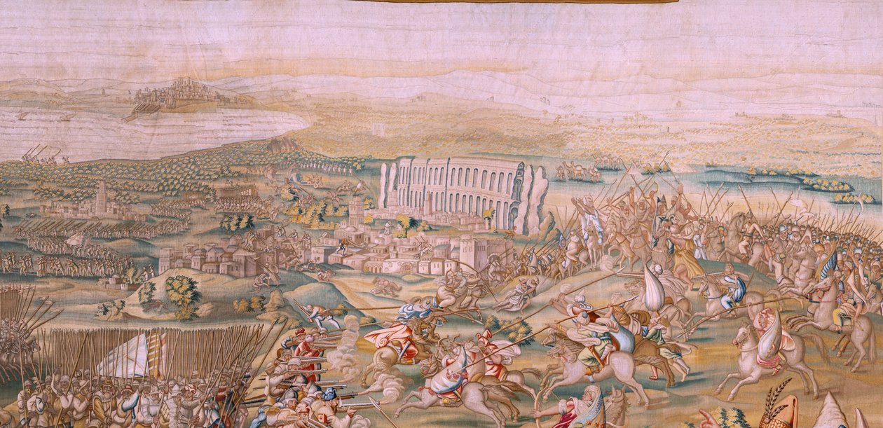 Tapeçaria flamenga. Série A Conquista de Túnis. O Ataque a La Goleta (Ataque a la Goleta). A quarta tapeçaria da série. Modelo Jan Vermeyen e Pieter Coecke van Aelst. 1543-1548. Fabrico da Real Fábrica de Tapices de Santa Bárbara, Madrid de Jan Cornelisz Vermeyen
