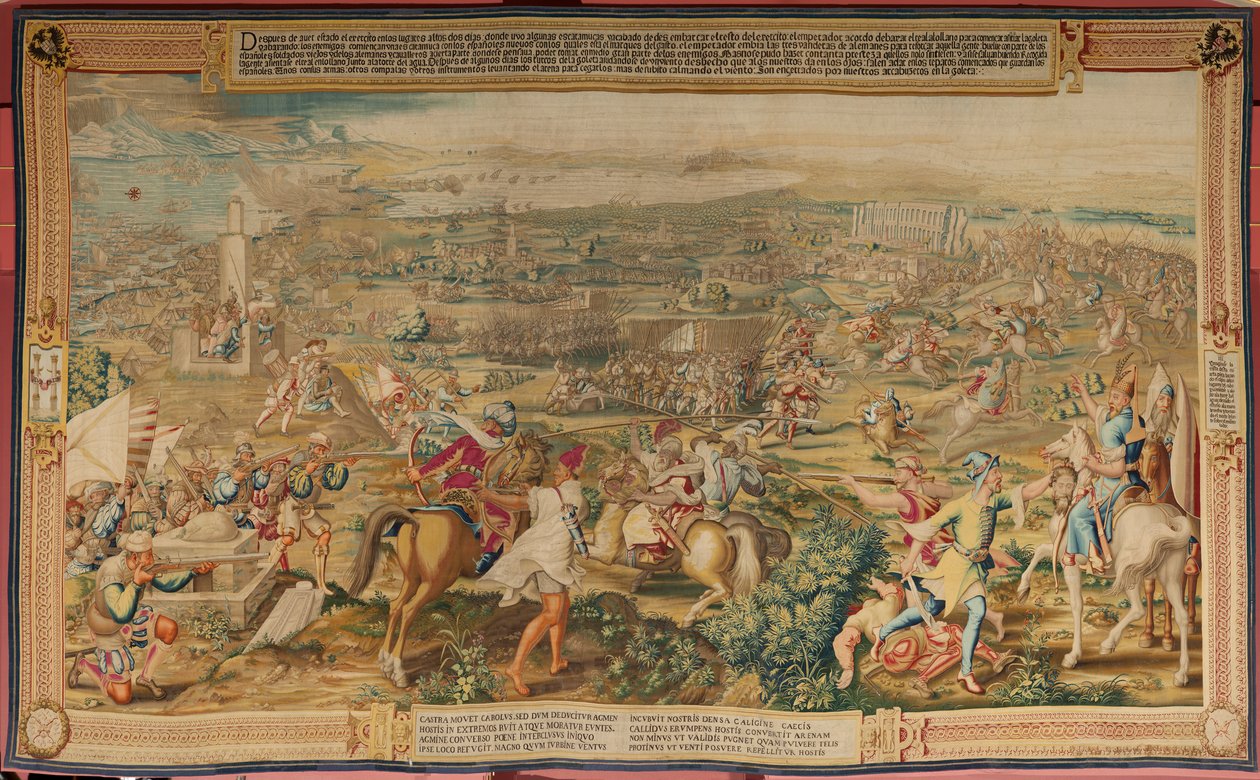 tapeçaria flamenga. Série A Conquista de Tunes. O Ataque a La Goleta (Ataque a la Goleta). Quarta tapeçaria da série. Modelo Jan Vermeyen e Pieter Coecke van Aelst. 1543-1548. Manufatura Real Fábrica de Tapices de Santa Bárbara, Madrid de Jan Cornelisz Vermeyen