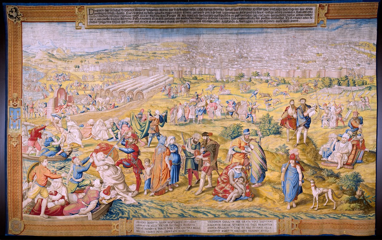 tapeçaria flamenga. Série A conquista de Túnis: A pilhagem de Túnis. O cartunista Jan Cornelisz Vermeyen. Estúdio Willem de Pannemaker, Bruxelas. cerca de 1545. de Jan Cornelisz Vermeyen
