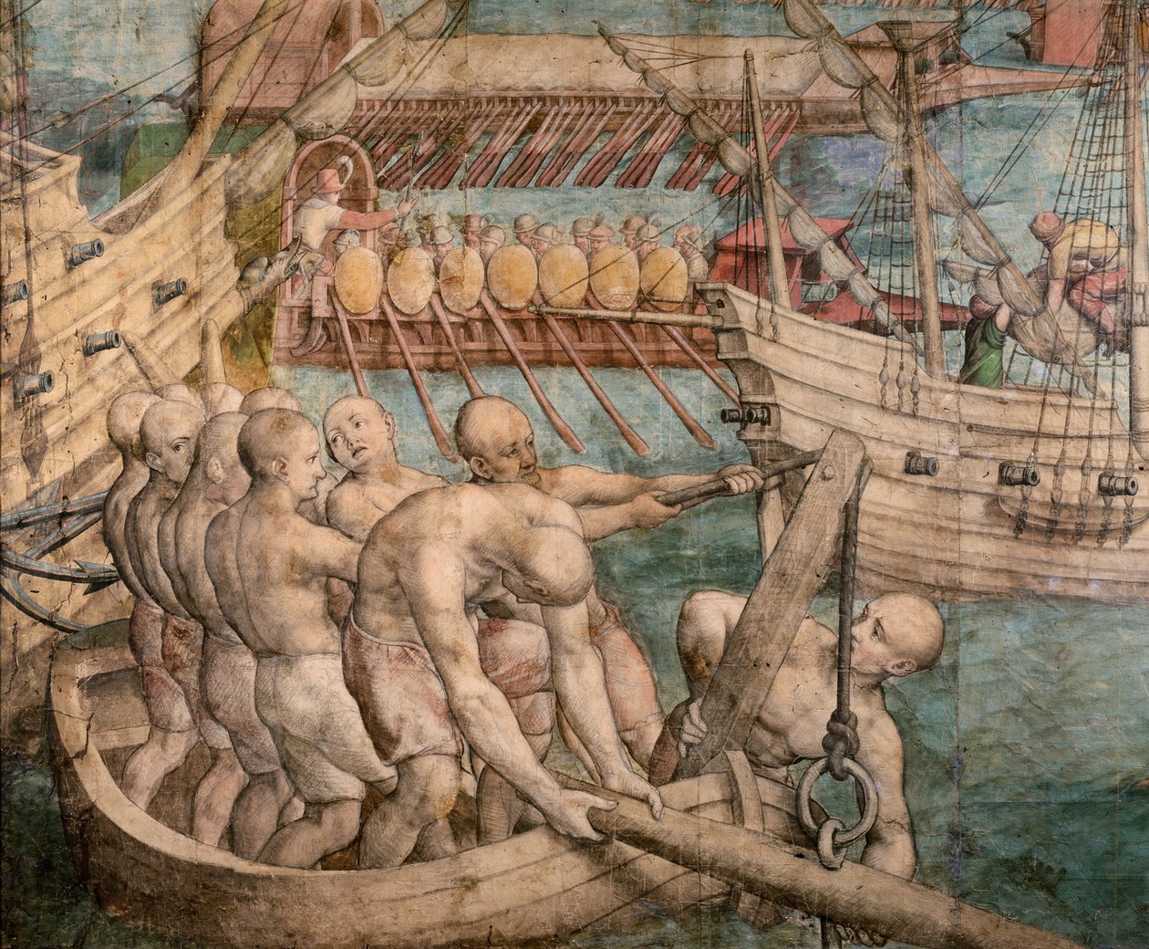 Escravos da galera. Detalhe de: Imperador Carlos V captura desenho de tapeçaria de Túnis, c. 1548. de Jan Cornelisz. Vermeyen