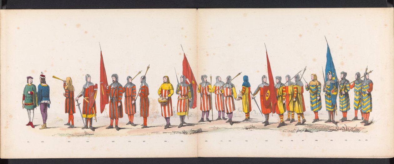 Máscara dos estudantes de Leiden, 1865 (placa 13) Procissão fantasiada realizada pelos membros do corpo estudantil de Leiden em 6 de junho de 1865, em comemoração aos 290 anos da Leidsche Hoogeschool, representando: a entrada dos holandeses b de Jan Daniël Cornelis Carel Willem baron de Constant Rebecque