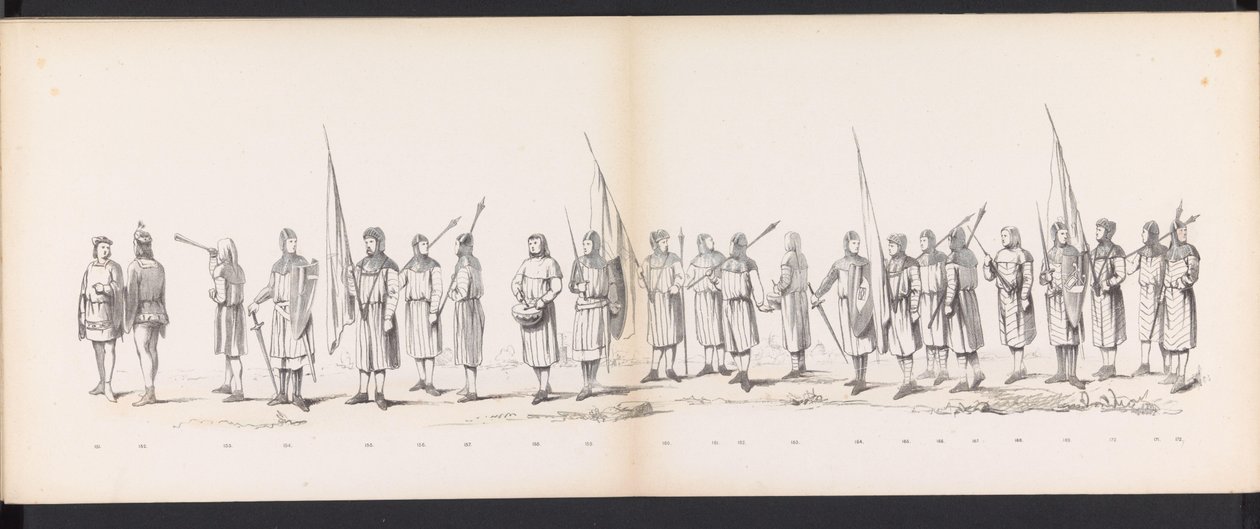 Máscara dos estudantes de Leiden, 1865 (placa 13) Procissão fantasiada realizada pelos membros do corpo estudantil de Leiden em 6 de junho de 1865, em comemoração aos 290 anos da Leidsche Hoogeschool, representando: a entrada dos holandeses b de Jan Daniël Cornelis Carel Willem baron de Constant Rebecque