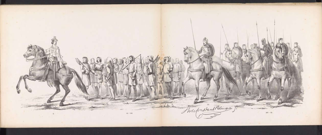 Máscara dos Estudantes de Leiden, 1865 (placa 15) Procissão fantasiada realizada pelos membros do corpo estudantil de Leiden em 6 de junho de 1865, em comemoração aos 290 anos da Leidsche Hoogeschool, representando: a entrada dos holandeses b de Jan Daniël Cornelis Carel Willem baron de Constant Rebecque