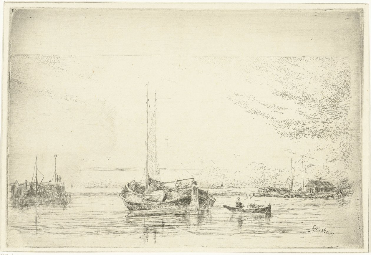 Vista do rio com barcaça e barco a remos de Jan Daniël Cornelis Carel Willem baron de Constant Rebecque
