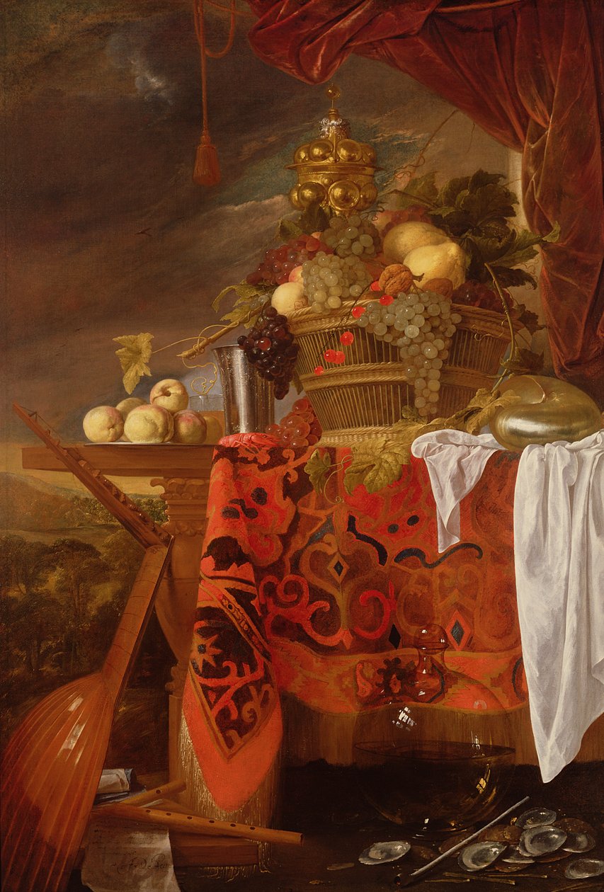 Uma cesta de frutas misturadas com copo dourado, cálice de prata, Nautilus, vidro e pêssegos em uma placa de Jan Davidsz de Heem