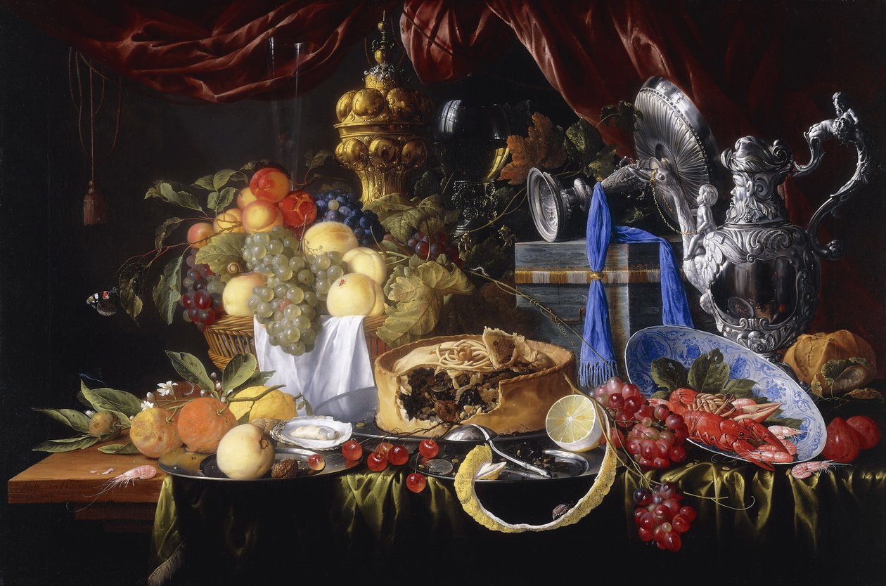 Uma torta em um prato de estanho, um limão parcialmente descascado, uma colher de prata em um prato de estanho, lagostins e camarão em uma tigela Wanli Kraak Porselein, 1649 de Jan Davidsz de Heem