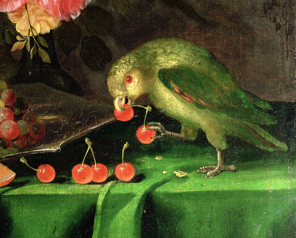 Ainda vida de frutas e flores, detalhe de um óleo de papagaio na tela detalhe de 100411 de Jan Davidsz de Heem