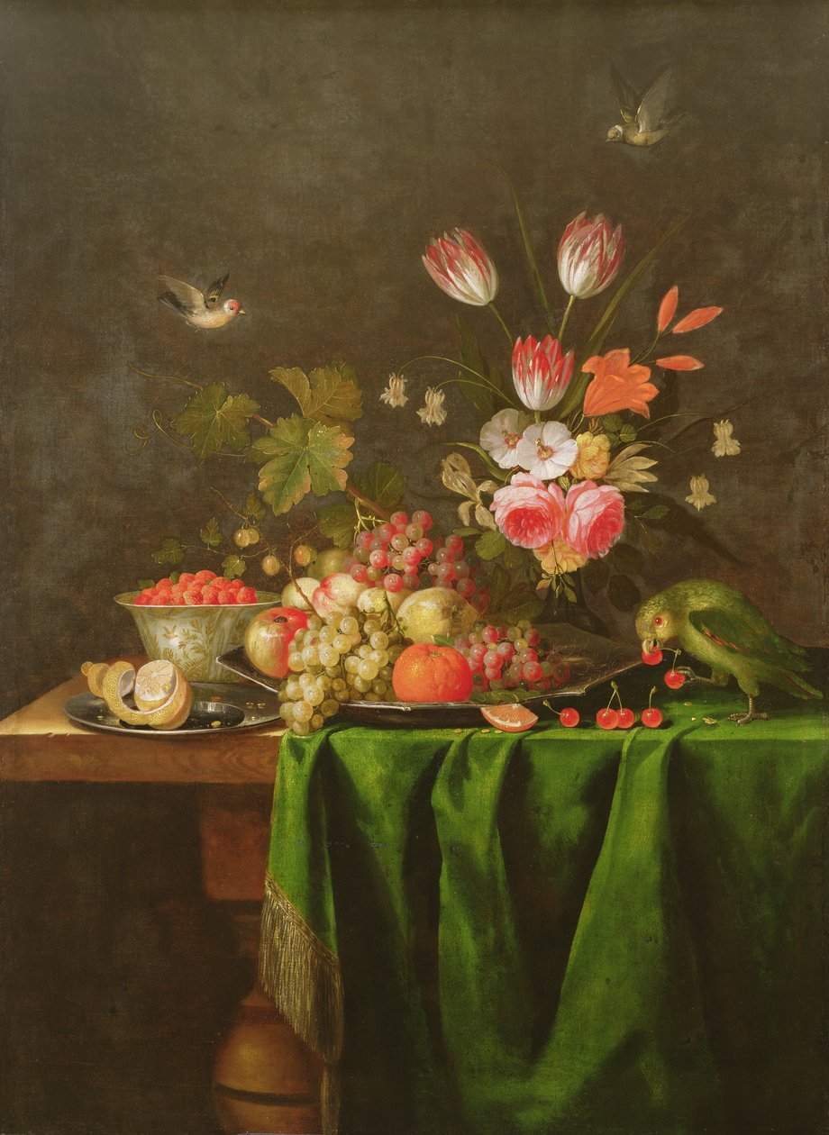 Ainda vida de frutas e flores com um papagaio em uma tabela coberta com um pano verde (ver 100412 para detalhes) de Jan Davidsz de Heem