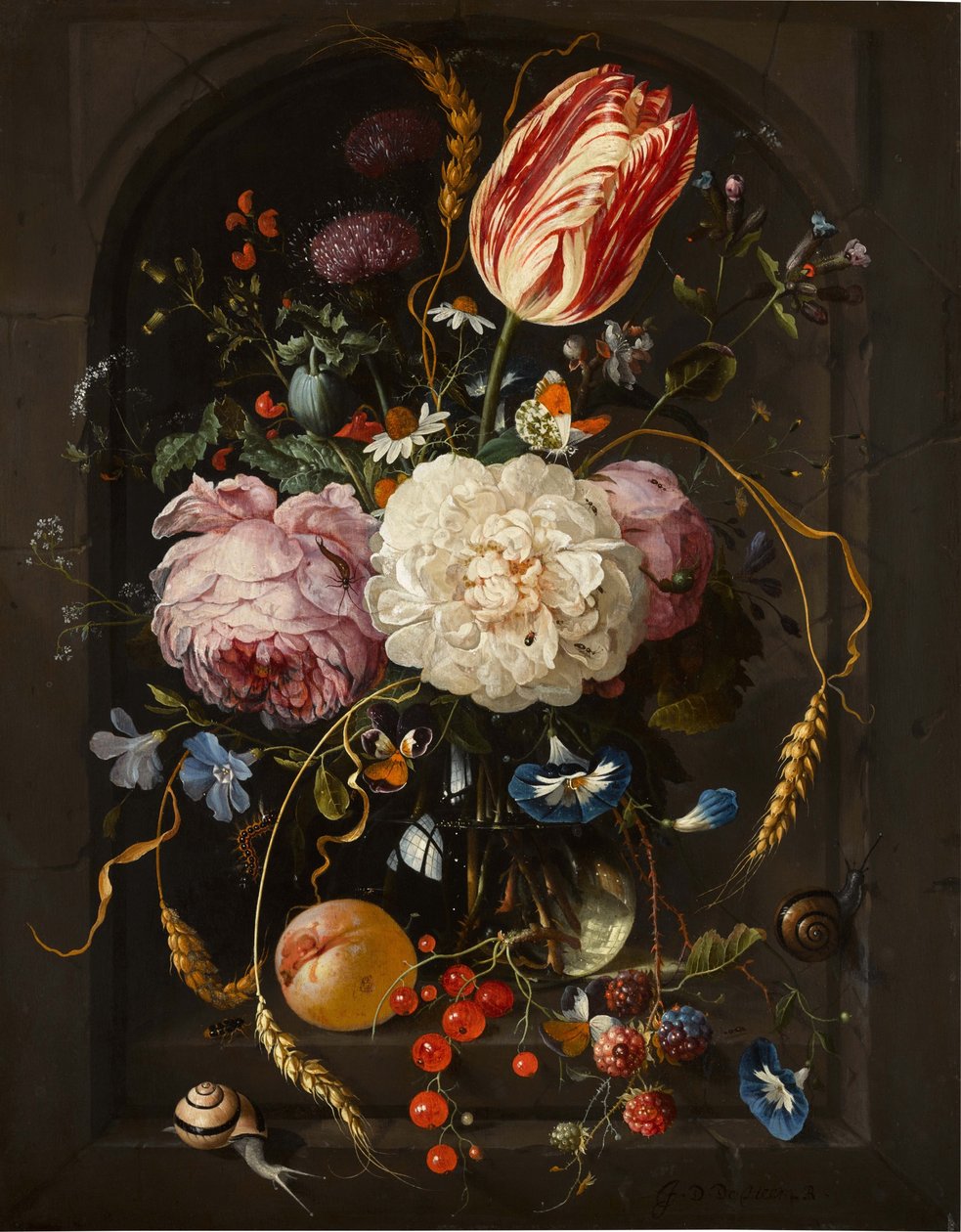 Natureza morta de flores num vaso de vidro com insectos e frutos num nicho de pedra de Jan Davidsz. de Heem
