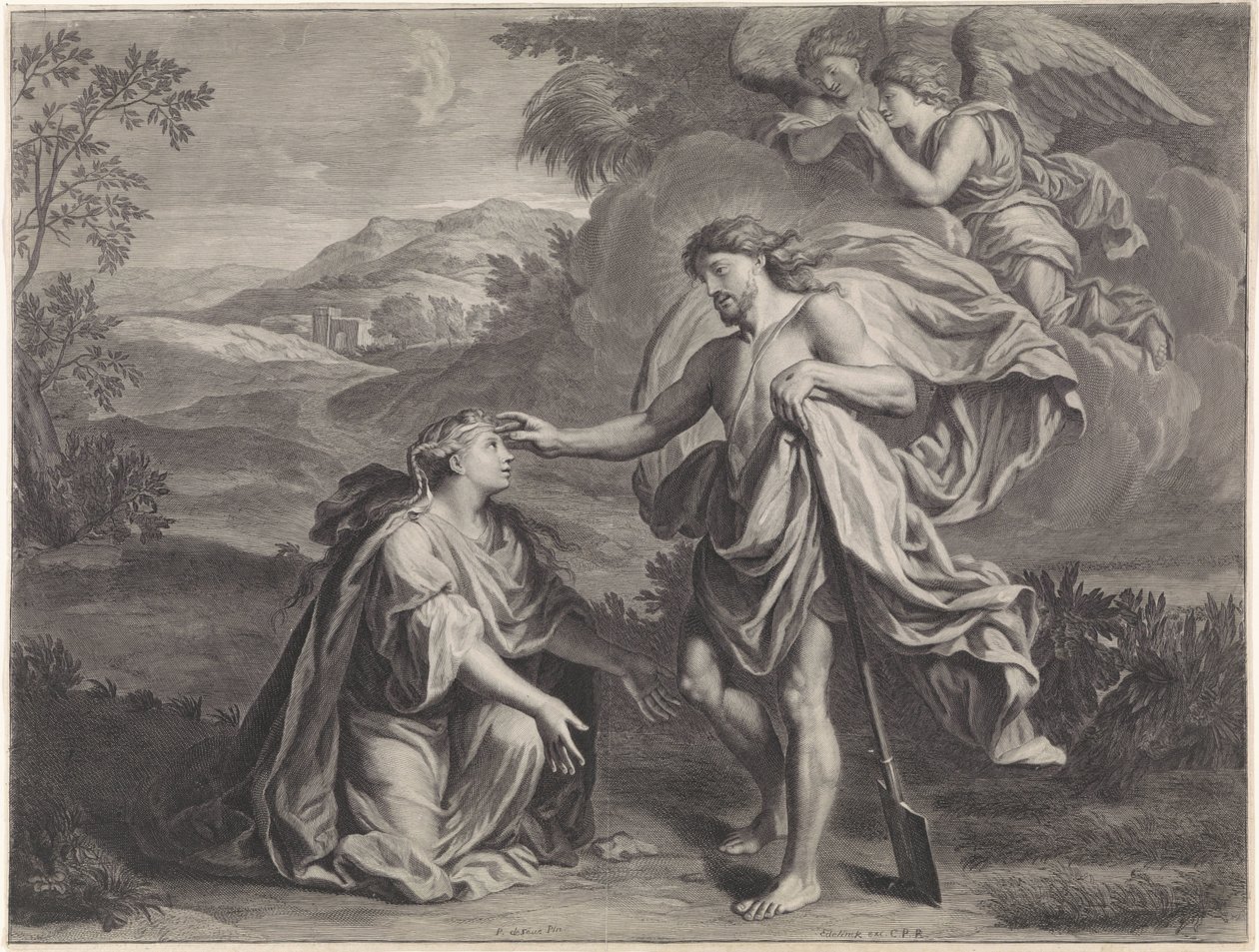 Cristo aparece como um jardineiro a Maria Madalena (Noli me tangere) de Jan Edelinck (possibly)