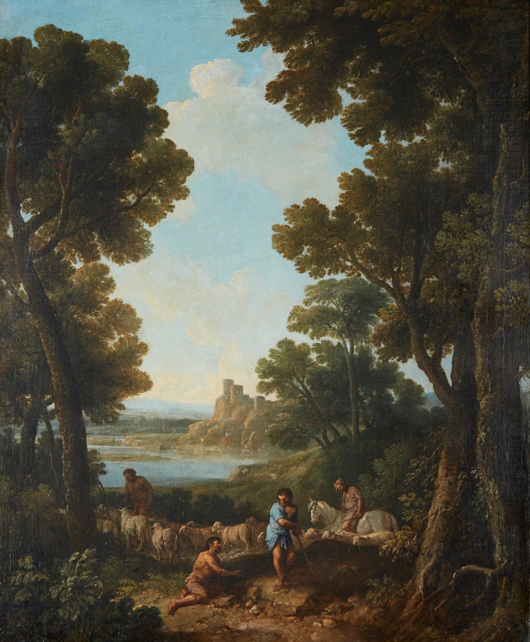 Uma paisagem clássica com pastores e cavaleiros (óleo sobre tela) de Jan Frans van Bloemen