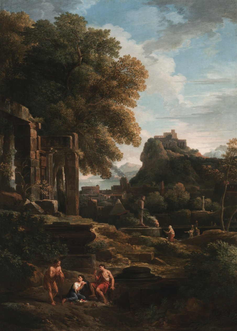 Uma paisagem clássica com figuras em primeiro plano, ruínas à esquerda e uma figura no centro fazendo um sacrifício (óleo sobre tela) de Jan Frans van Bloemen