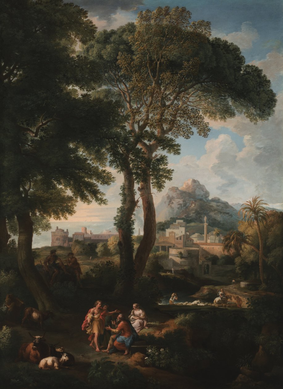 Uma paisagem de rio clássica com figuras se cumprimentando em uma estrada em primeiro plano, uma vista de uma cidade à distância (óleo sobre tela) de Jan Frans van Bloemen