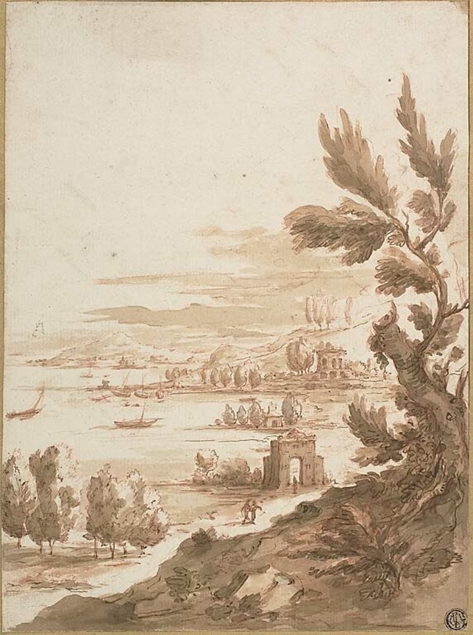 Vista de uma colina com vista para um porto de Jan Frans van Bloemen