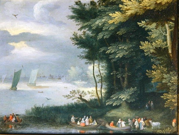 Bancos de um lago com figuras embarcando em barcos a remos (óleo sobre tela) de Jan Frans van Bredael