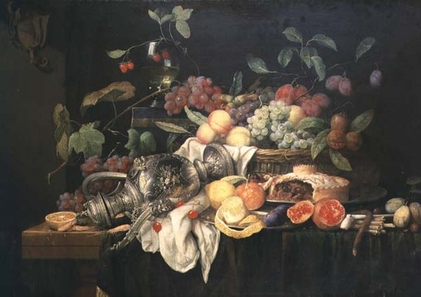 Natureza Morta com bandeira de estanho, torta de carne e frutas de Jan Frans van Son