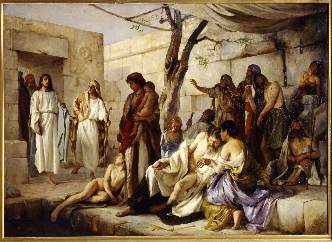 O Milagre no Tanque de Betesda. Localizado na estrada de Beth Zeta (Israel) para Jerusalém, Jesus Cristo se aproxima da bacia onde os paralíticos se reúnem e milagrosamente cura um doente. Pintura de Jan de Jan Franzevich Cloginsky