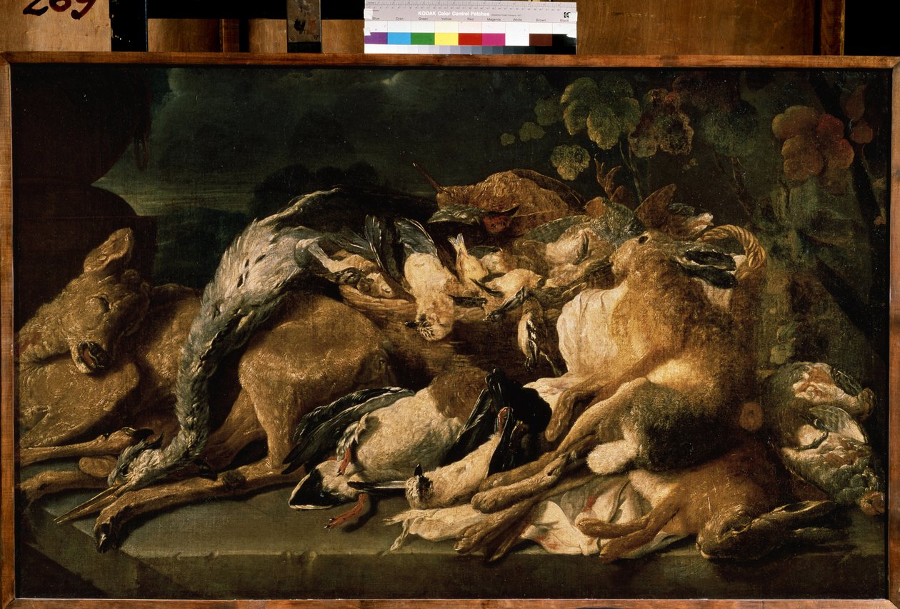 ""Natureza morta com jogo"" (Natureza morta) Lebre, corça, patos. Pintura de Jan (Johannes) Fyt (1611-1661) 1640 Museu Pushkin, Moscou de Jan Fyt