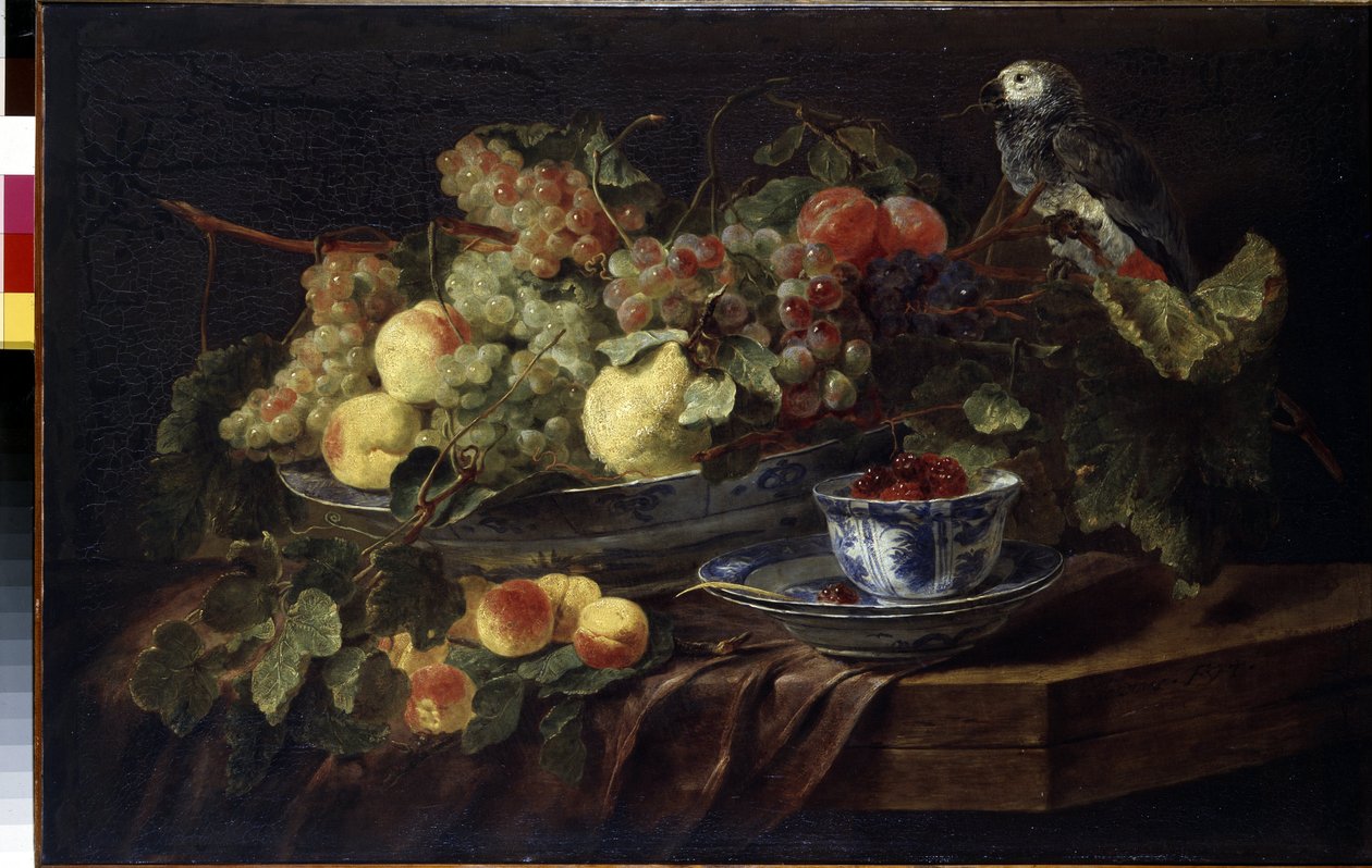 ""Natureza morta com fruta e papagaio"" (Natureza morta com fruta e papagaio) Pintura de Jan (Johannes) Fyt (1611-1661) 1645 Dim. 58.3x90.7 cm Museu Hermitage, São Petersburgo de Jan Fyt