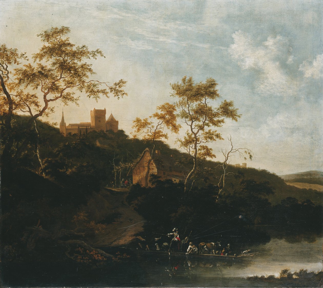 Uma paisagem do rio com um cavalheiro a cavalo e camponeses em uma balsa, uma taberna sob um castelo além de Jan Gabrielsz. Sonje