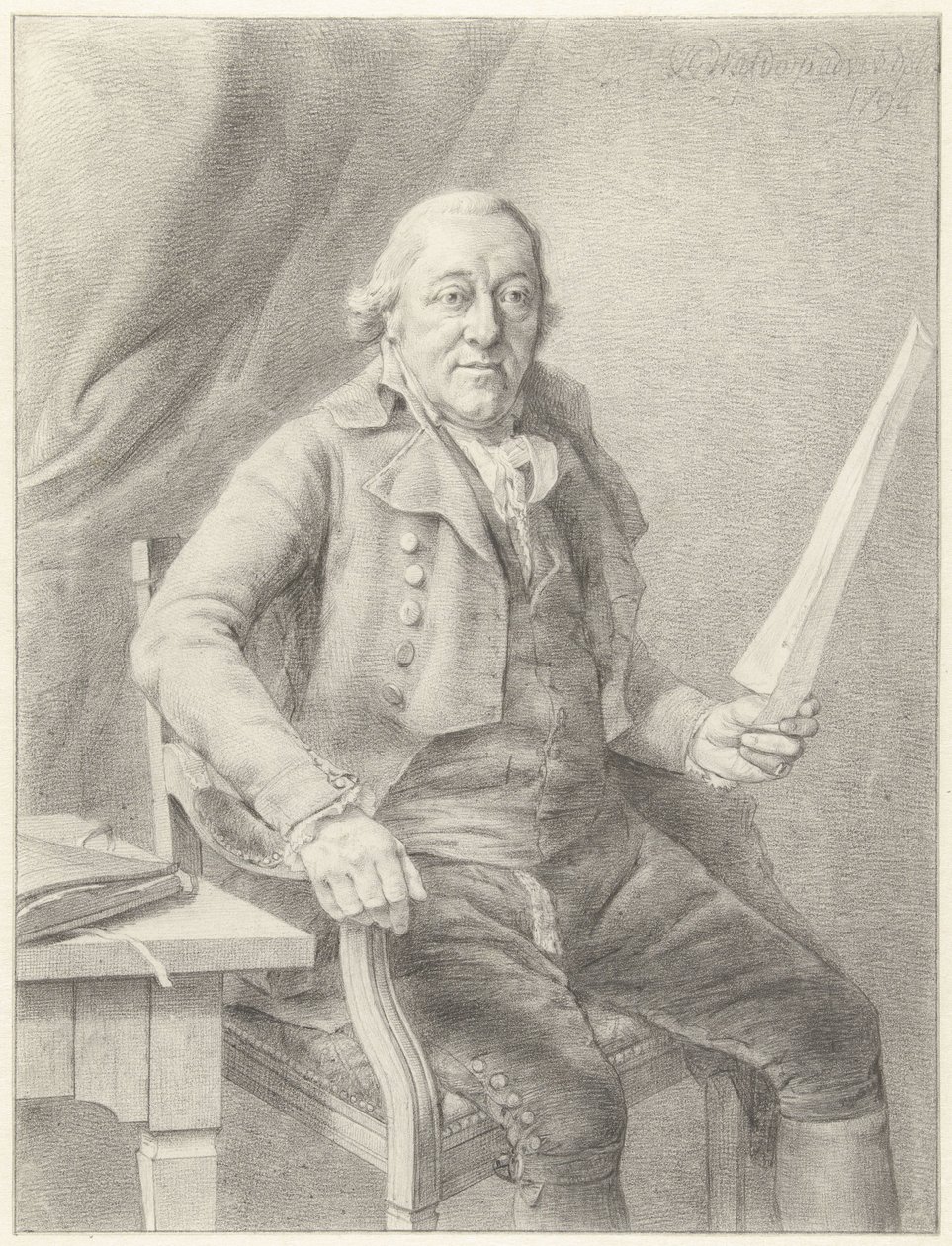 Retrato de Reinier Vinkeles I, sentado em uma cadeira com uma folha de papel na mão de Jan Gerard Waldorp