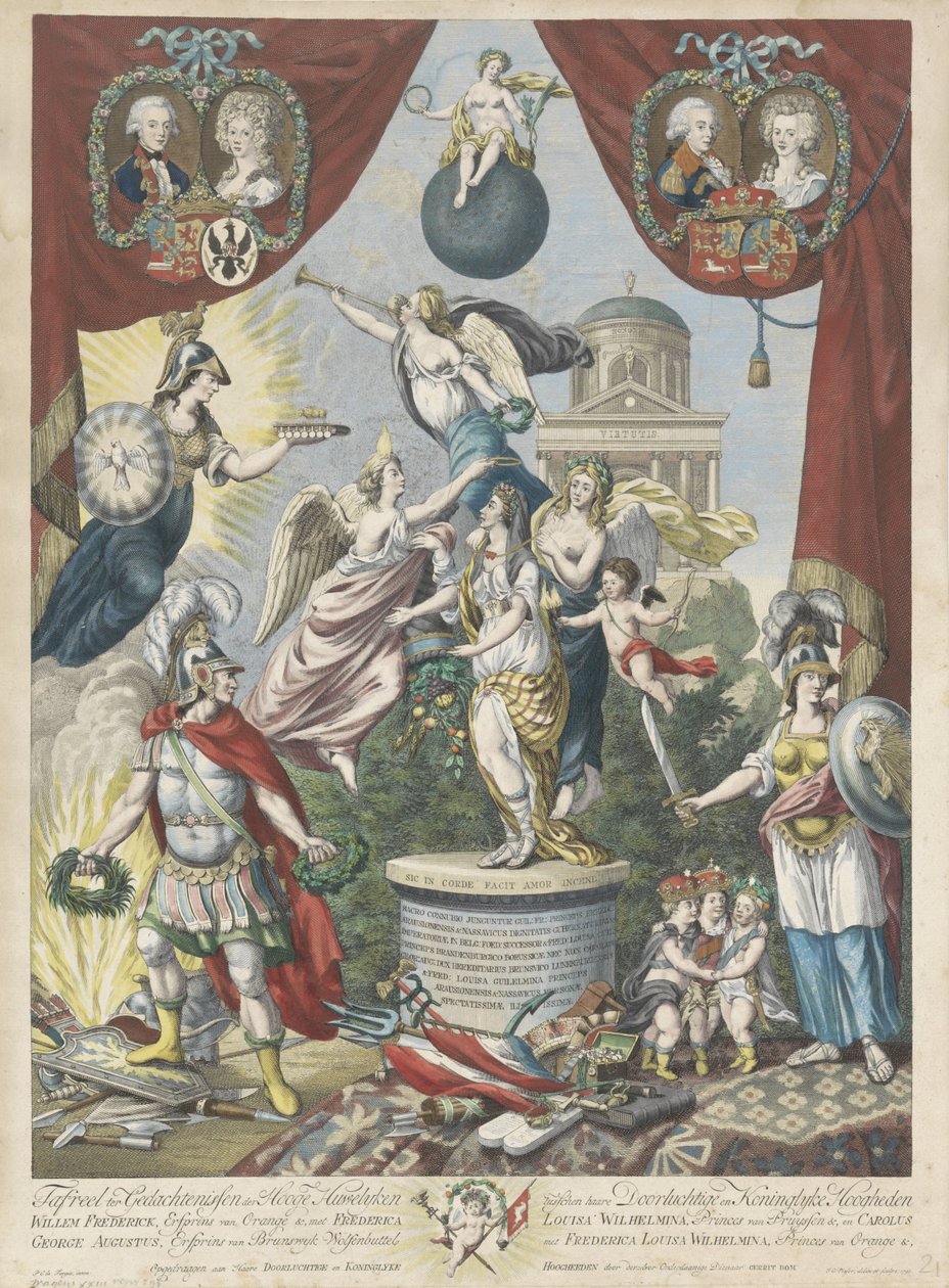 Frase sobre os casamentos do filho e filha de William V, 1790-1791 Tafreel em Memória dos Altos Casamentos entre (...) Willem Frederick, Príncipe Hereditário de Orange &, com Frederica Louisa Wilhelmina, Princes van Pruyssen &, e Carolus George Aug de Jan Gerritsz. Visser