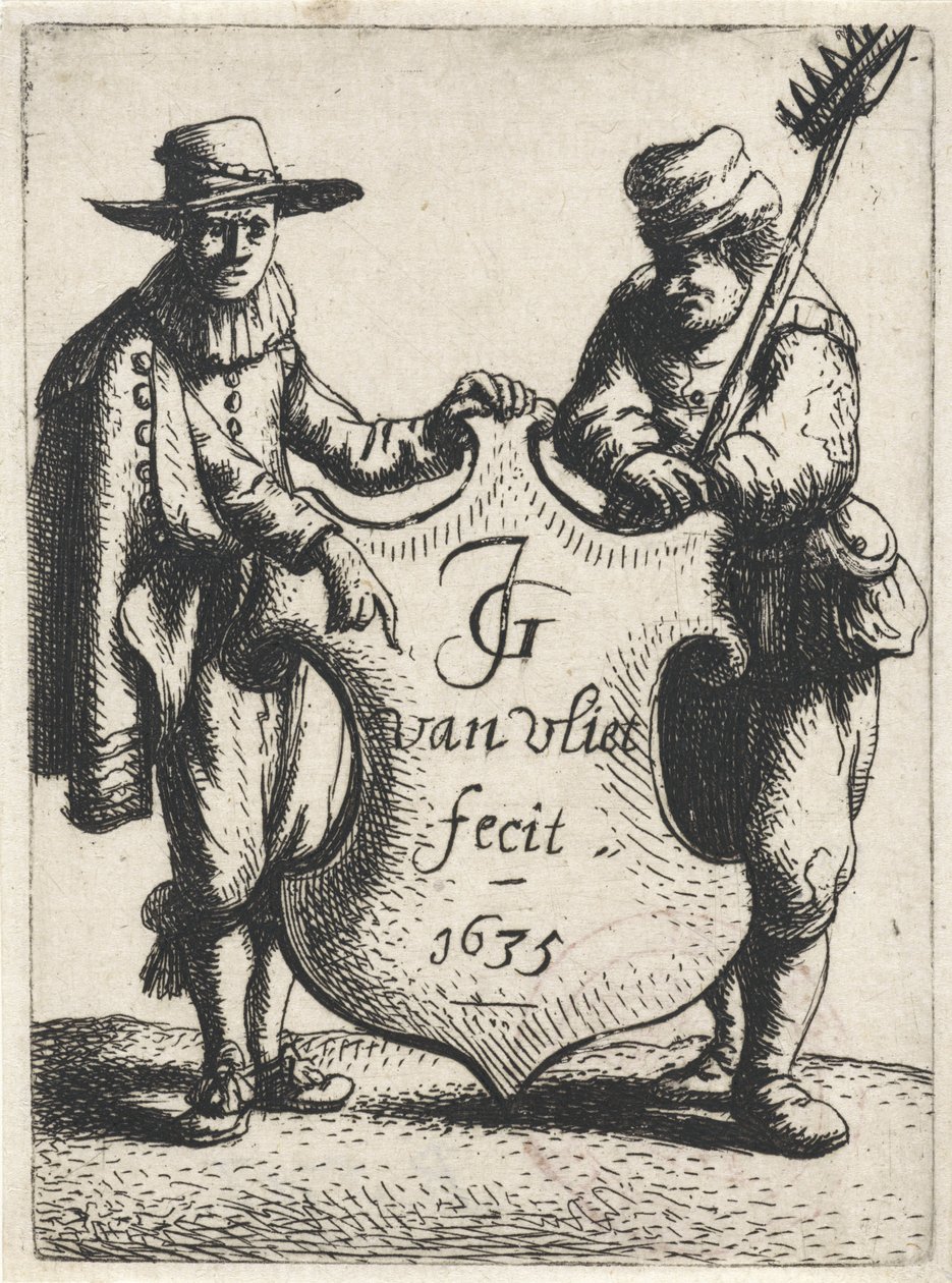 Homem elegante e um limpador de chaminés perto de um brasão Figuras em pé (título da série) de Jan Gillisz. van Vliet