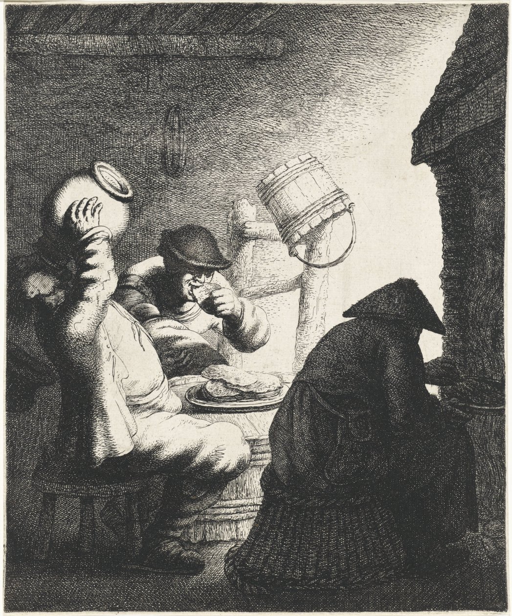 Figuras comem panquecas em um interior Gosto Os cinco sentidos (título da série) de Jan Gillisz. van Vliet