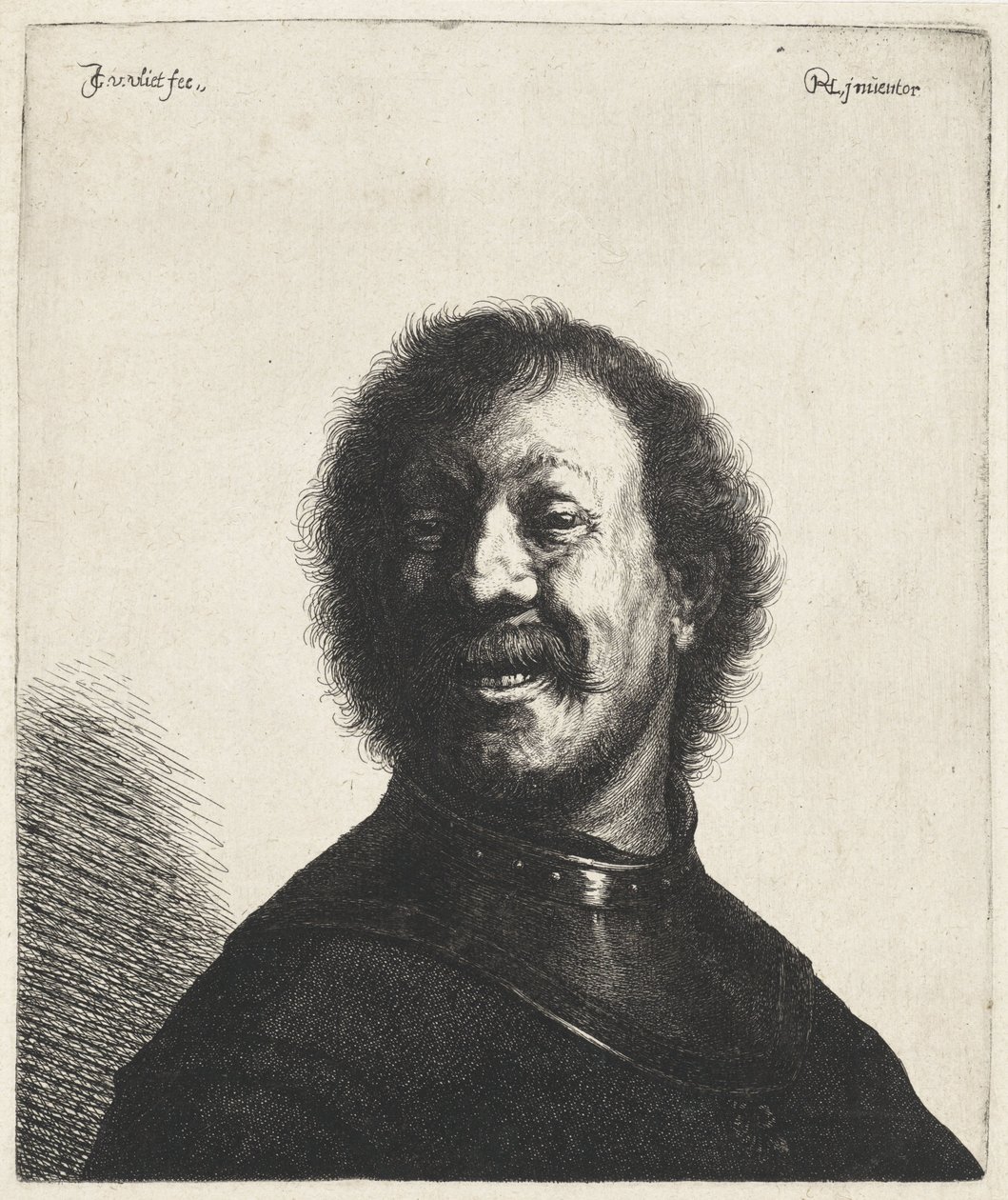 Homem sorridente com pedaço de pescoço Tronies após Rembrandt (título da série) de Jan Gillisz. van Vliet